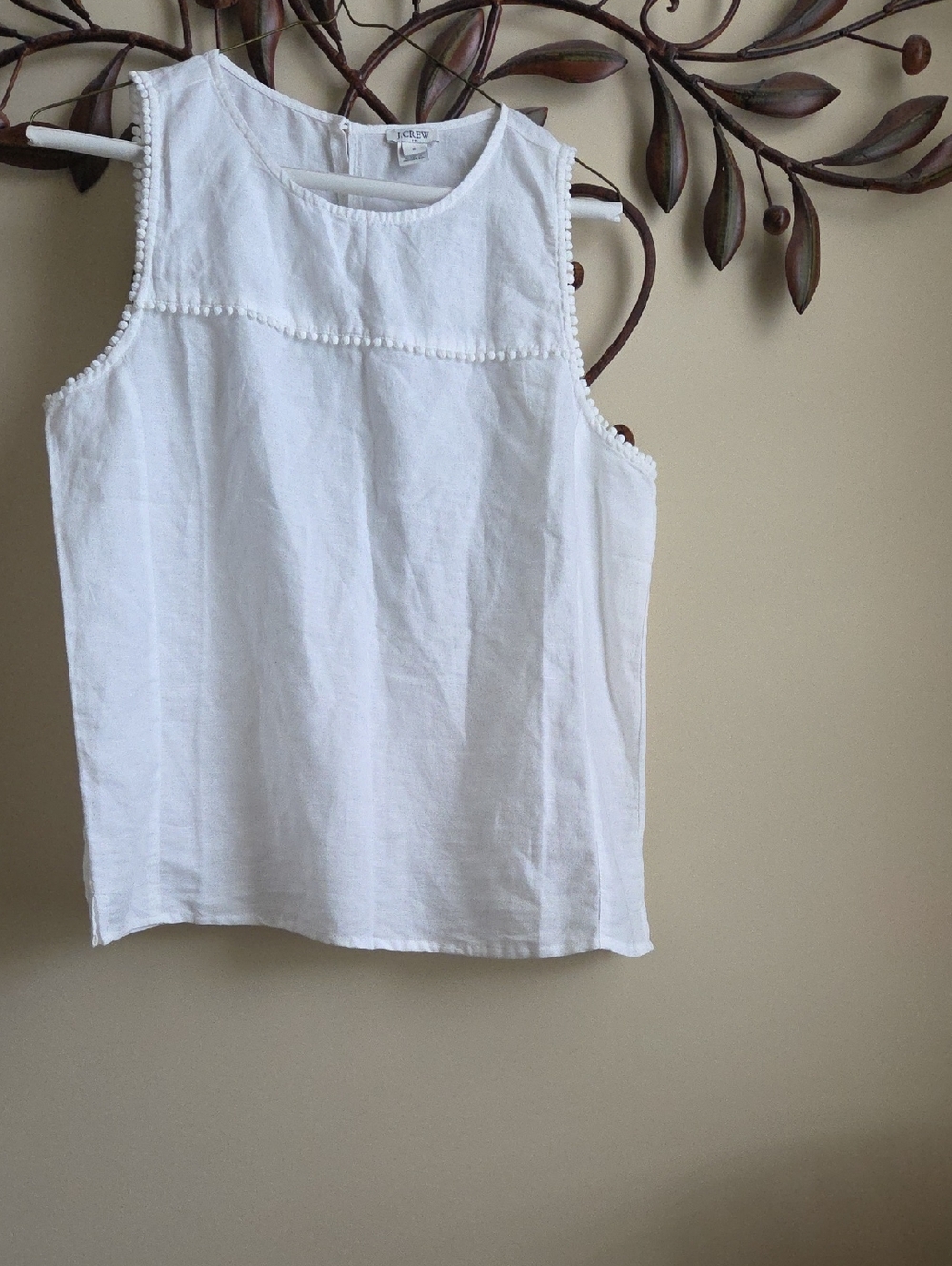 J. Crew White Linen Sleeveless Top with Pom Detail